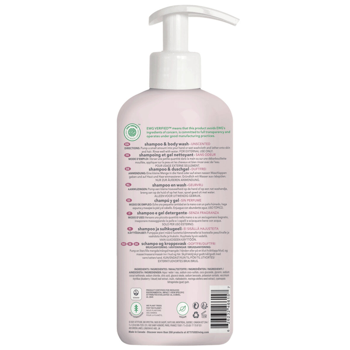Dětské tělové mýdlo a šampon bez vůně Baby leaves (2 v 1) – 473 ml – ATTITUDE – back